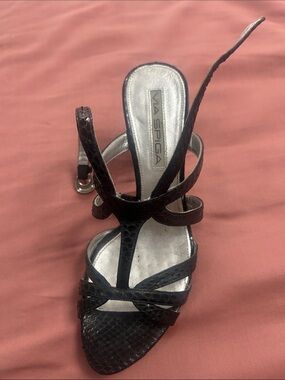 Via Spiga Black Snake-Embossed Strappy Heels with Silver Insole